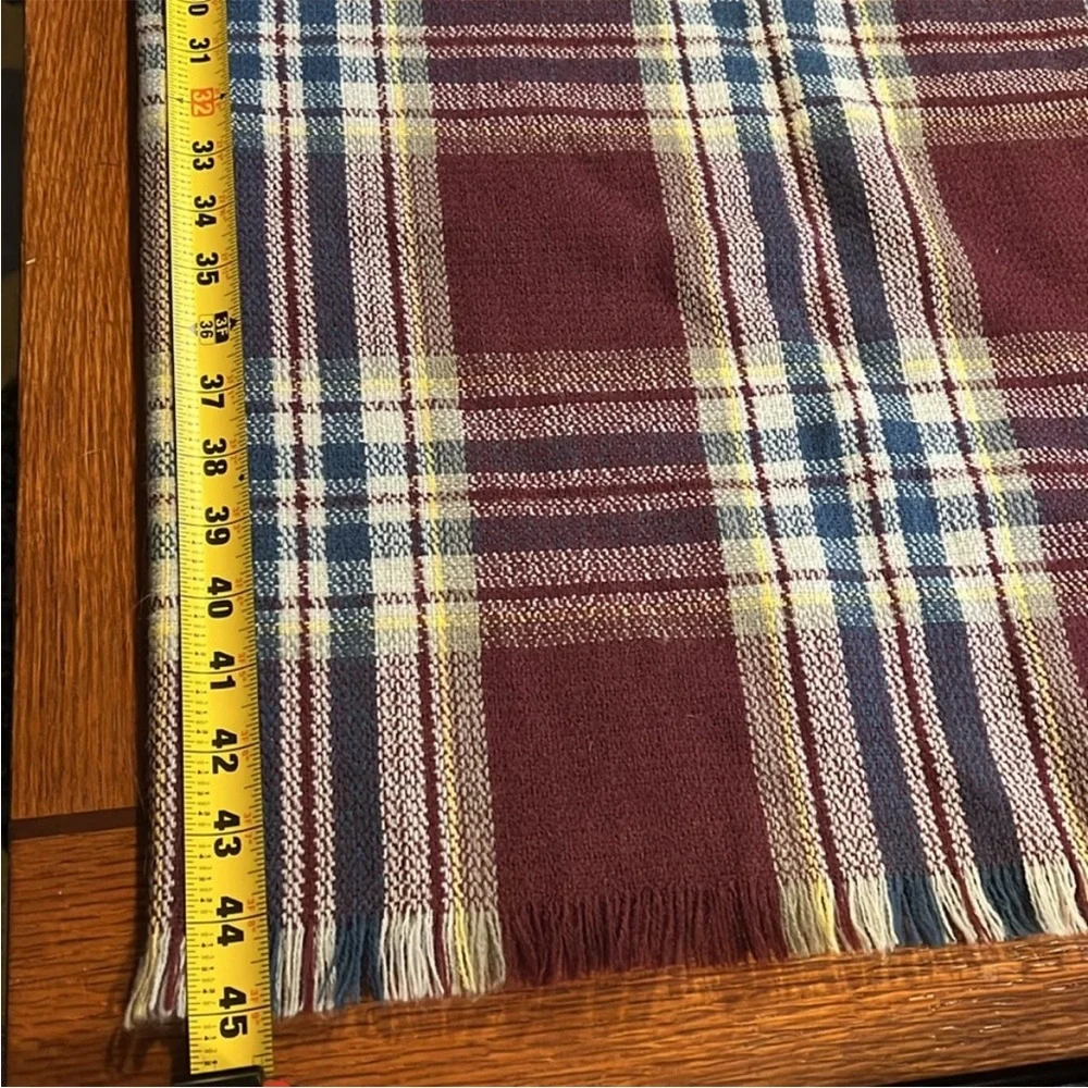 Roots | Size 45”x45” Burgundy, Blue, Yellow & White Plaid Scarf/Shawl - Picture 6 of 7